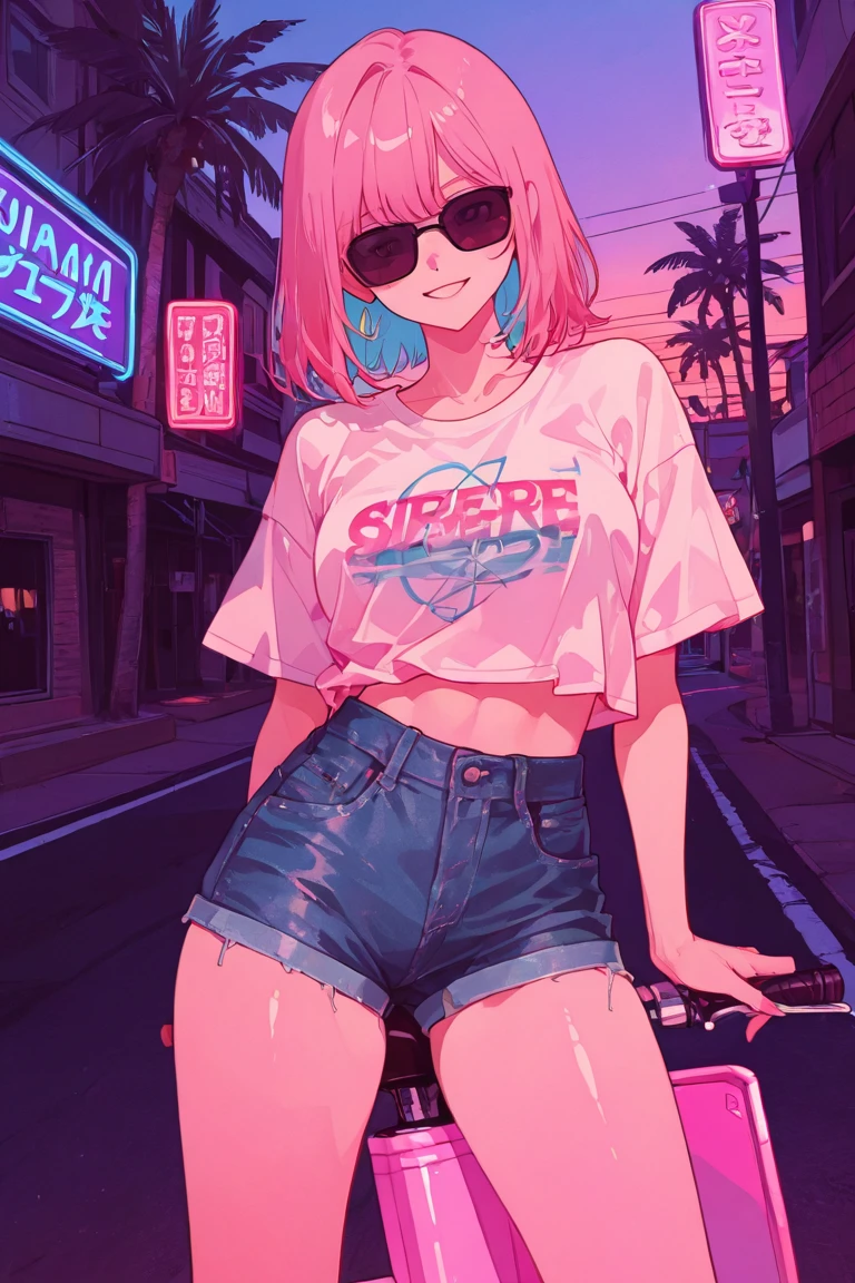 A confident, stylish woman riding a sleek scooter on a vibrant street lined with tall palm trees. She exudes playful energy, smiling mischievously, dressed in casual yet chic fashion—tight-fitted denim shorts, a cropped graphic tee, and trendy sunglasses. The backdrop is a mesmerizing pink and blue sunset, blending seamlessly into the retro-futuristic aesthetic. The scene embodies a hybrid mix of Beeple-inspired artistry, featuring Miami Synthwave and 90s city pop vibes. The glowing neon lights and intricate details in the spectacular retrowave art style create a dynamic and immersive atmosphere. The woman's figure is mature, with curves accentuated tastefully, emphasizing elegance and confidence within the adult-oriented tone of the scene.