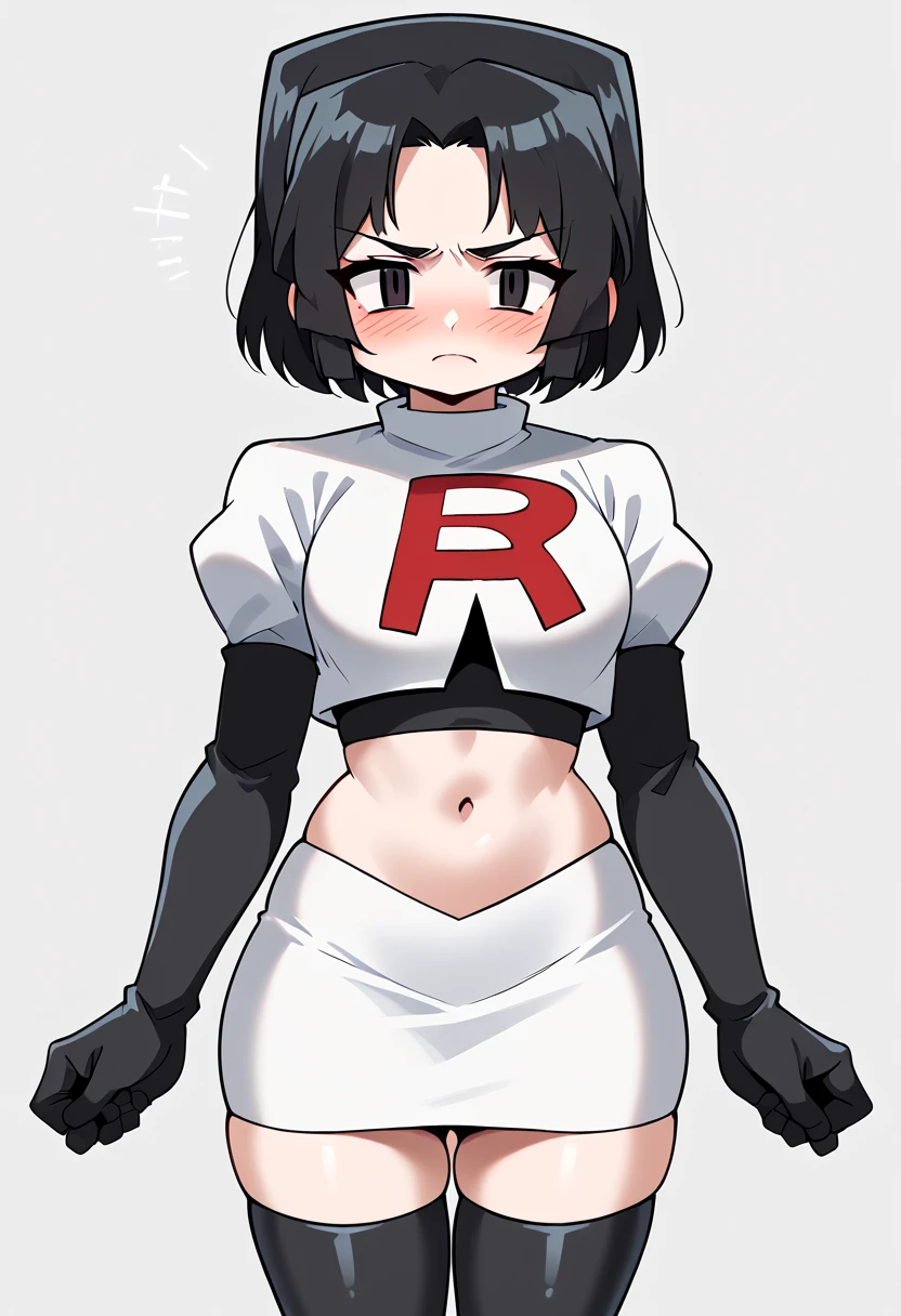 score_9, score_8_up, score_7_up, score_6_up, score_5_up, score_4_up, source_anime, BREAK 1girl, solo, plump, looking at viewer, team rocket,team rocket uniform,white skirt,red letter R,crop top,black thigh-highs,black elbow gloves, blush   