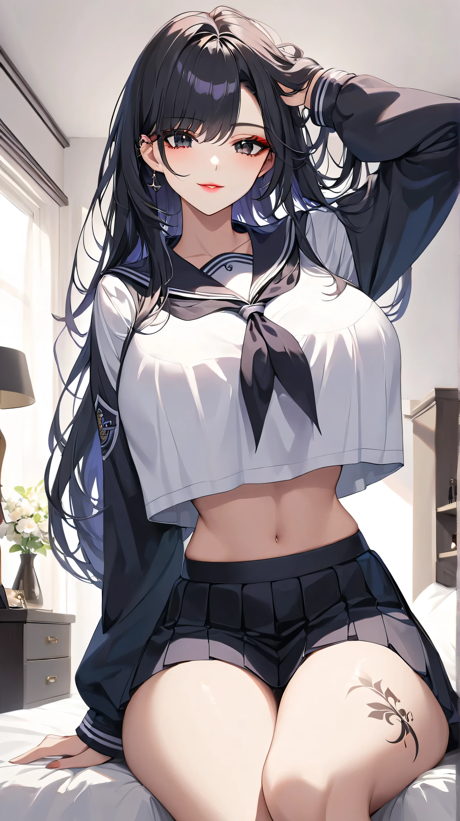 Highest quality masterpiece High resolution masterpiece, black messy hair, thick and beautiful hair, middle parted hair black Eyes, seductive lips, teasing smile, black long sleeves sailor uniform , crop top overhang, very big breast, make up, very beautiful , skirt, adjusting hair,sit, bedroom, enhanced lips, enhanced eyes, enhanced face, look from below, tattoo