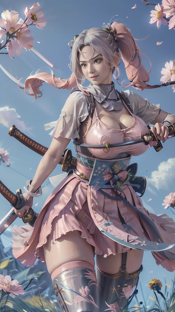  young woman, warrior,((wielding a katana_weapon:1.8)), very detailedな, realisti,((seductive smile:1.3)),Combat Stance,Acrobat Angle, Creative Action,  extremely detailed, Imaginative,  sensual, spontaneous ,  top quality ,  skin texture, ((absurdly long hair,twintails)),((Pastel pink:1.6)), (led eyes), toned body ,(huge breasts:1.8), plump thighs, ( white pink armor with a cosmos flower pattern engraved ),(( leather samurai armor knight)), bikini type design that emphasizes chest exposure ,sideboob,  Wear a white pink cape with a cosmos flower pattern , ((ruffled skirt:1.3)), White shin guard with a cosmos flower pattern engraved on it , Black high-leg underwear ,  Black Tights ,  absolute domain,  intricate details  , (( blue sky)),((Meteor shower:1.3)),(()), ((Cosmos flower petals background:1.3)), ((Cosmos flower petals:1.3)), ((Cosmos flower petals dancing in the wind:1.3)),( Cosmos flowers in full bloom ),(前面に Cosmos flowers in full bloom ), (confetti),  RAW photos , 8k, masterpiece,  top quality , ultra detail, very detailed,  intricate details  , high res,超 intricate details , very detailed 8k cg wallpaper,