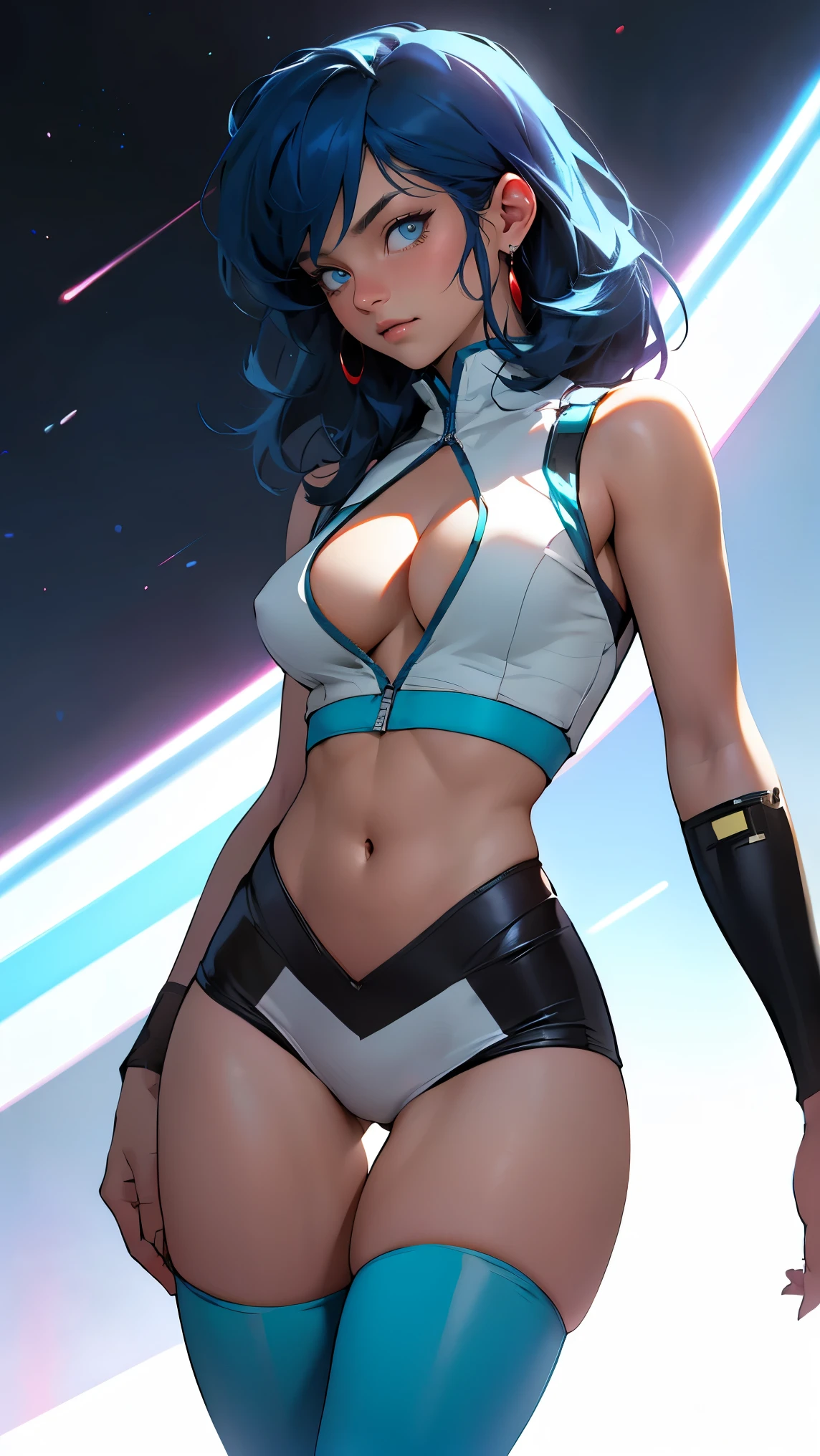 ((Masterpiece, highest quality; 1.3)), super quality, beautiful detail, super detailed, extra fine, 16K, exquisite, absurd, high resolution, beautiful background, detailed background, beautiful eyes, beautiful skin, anime style, dirtypairyuri, Dirty Pair Yuri in a skimpy white outfit, long blue hair, blue eyes, earrings, white uniform, white crop top, cutout, sleeveless, wearing tight clothing, skimpy, (breasts: 1.2), cleavage, cleavage, , obliques, fit arms, slim waist, ((wide hips)), fit thighs, (thigh gap), showing stomach, (skinny frame), wide hips, cyberpunk city background, holding a retro space gun