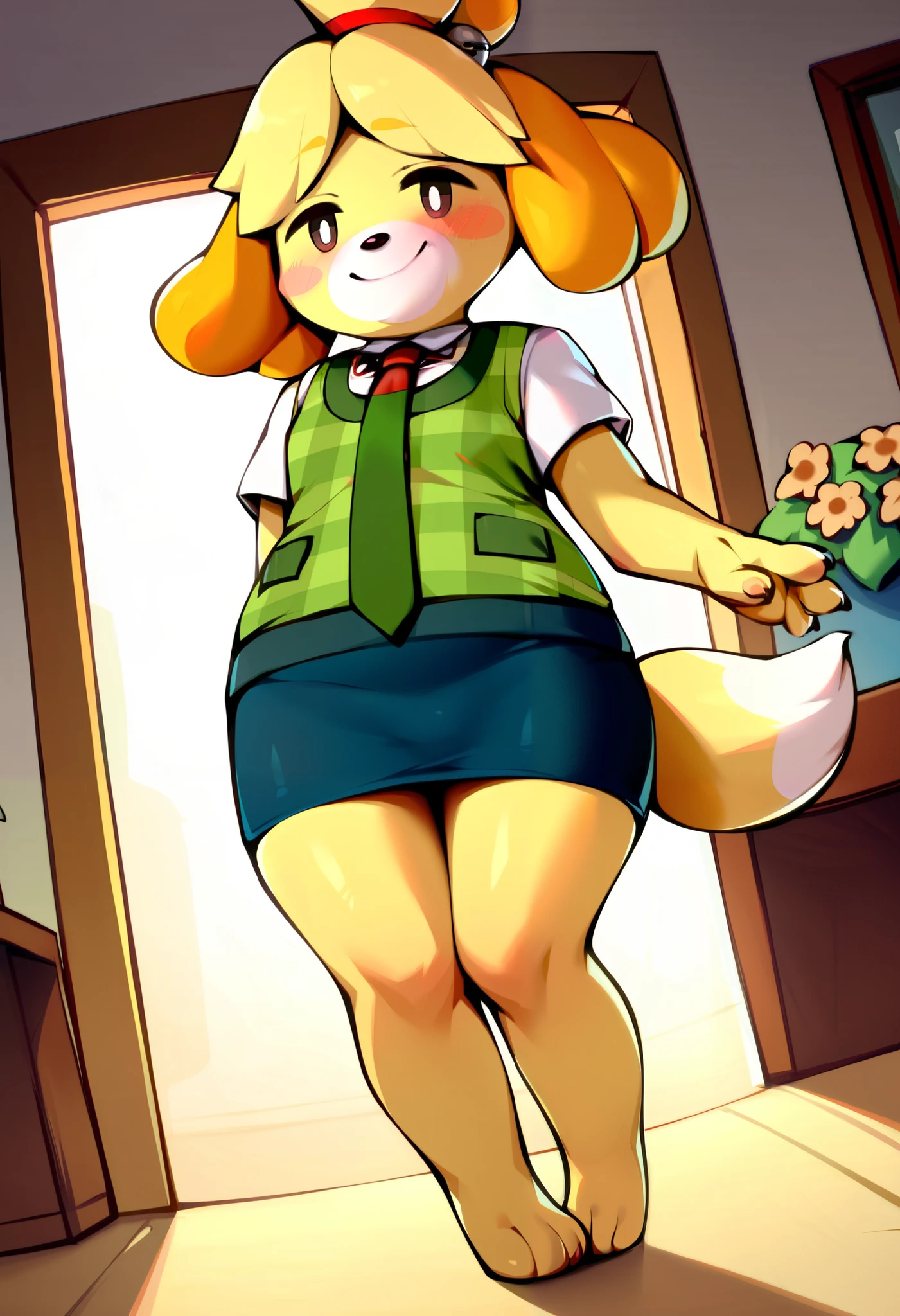 score_9, score_8_up, score_7_up, score_6_up, score_5_up, score_4_up, Isabelle, Isabelle_animalcrossing, masterpiece, best quality, 32k, high resolution, absurdres, 1girl, tail, solo, blush, looking at viewer, smile, hair bell, hair tie, dutch angle, thigh gap, standing xxx nsfw