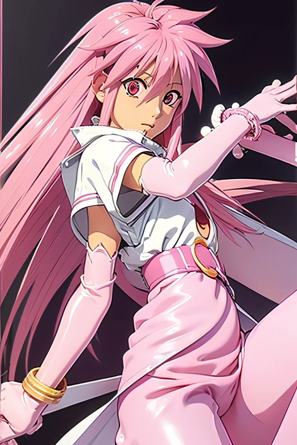 top quality , Highest Resolution ,(((shiny white clothes shiny pink loose pants shiny pink hair red eyes))) Tales of Phantasia Arche