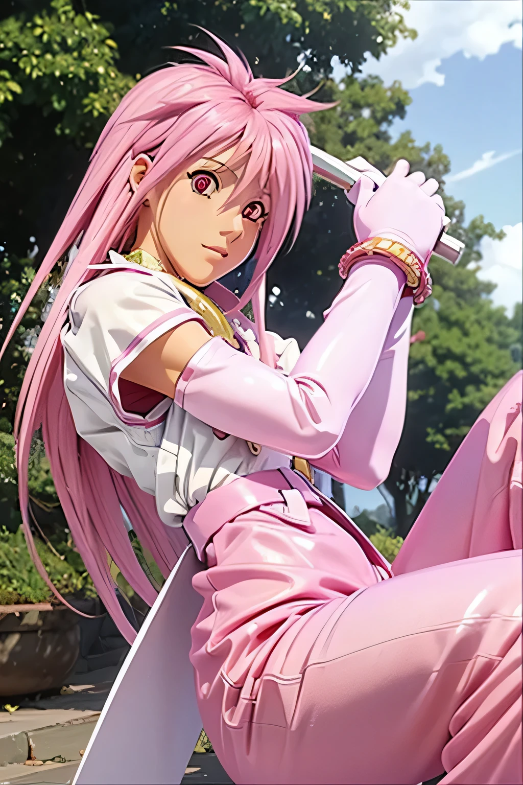  top quality , Highest Resolution ,(((shiny white clothes 　 shiny pink loose pants　shiny pink hair　 red eyes)))　 Tales of Phantasia　Arche 