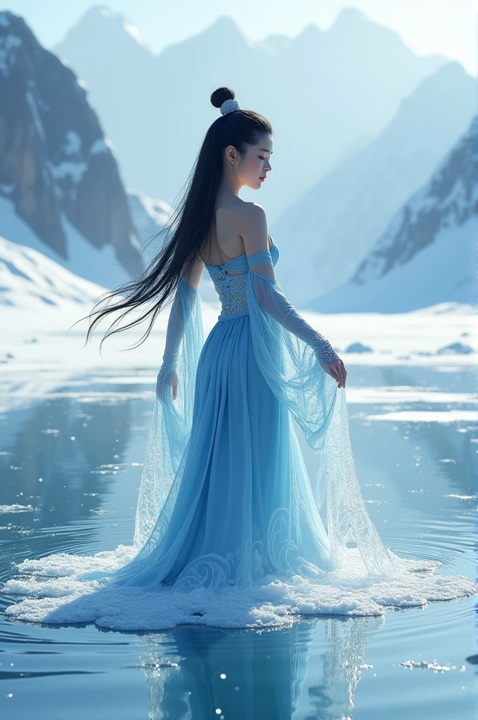 (masterpiece), (best quality), extremely delicate and beautiful, illustration, (fantasy landscape), A mesmerizing fantasy landscape with enchanting elements blending seamlessly. (A gorgeous European woman, age 23, walking in a Majestic crystal snow and ice cave mine), adorned with vibrant blue hue glow reflecting off the surroundings. A sense of tranquility and wonder fills the air, inviting exploration and discovery, depth of field, HDR, intricate, delicate