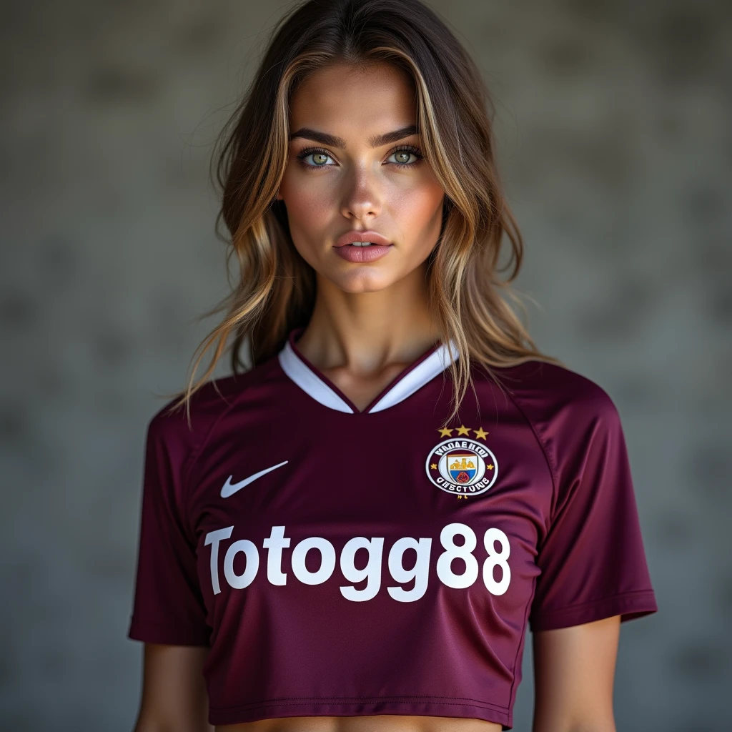 Beautiful brunette, blue eyes, perfect body, 40DD chest, Plain Red T-shirt, black shorts, Soccer uniform, Albanian uniform, perfect hair, perfect hands, beautiful front shot, Canon 1DX