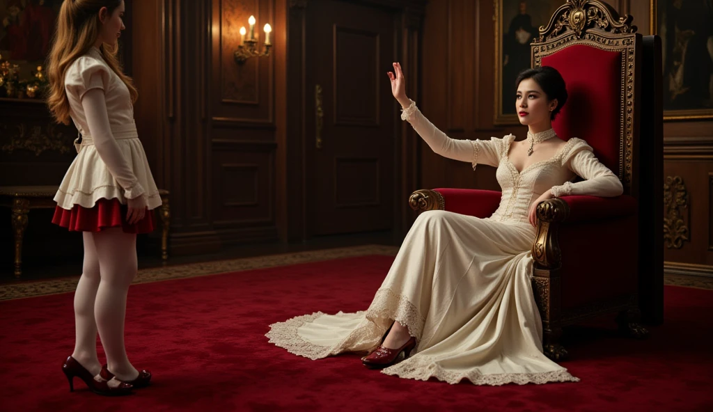 In a throne room a female vampire sits on an ornate throne in an elegant lace-trimmed gown with an upturned high lace collar. she crosses her legs and lifts her hand to summon a female tenn page, dressed in white satin, with red skirt fancy shoes and white tights. red carpet covers the floor.