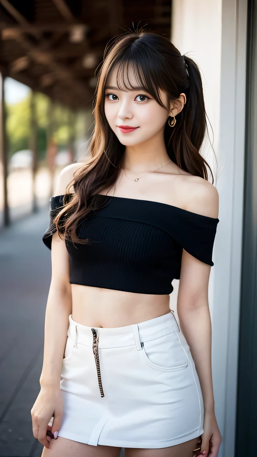 beautifully, masterpiece, beautiful details, fancy, fine details, delicate lips, intricate details, , 1 woman, (20-year-old Korean beauty: 1.1), (Korean pop idol, Korean Mixed Race), (50mm sigma f/1.4 ZEISS lenses, f1.4, 1/800s, ISO 100, photography:1.1), (get dark: 1.2), (lifelike:1.4 ), (pleated skirt,strapless tank top:1.3), (선bar, bar:1.2), (漂亮的leg, tall woman, thin, slim_leg, 大leg_gap, Model:1.2), lens flare, ~ ~ before, (happy expression: 1.1), dynamic pose, (cosmetics: 1.2), sitting on a bar stool,