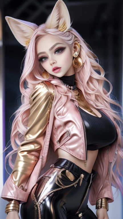  Fennec fox ears  ,Pearl pink hair  ,Long hair braided, golden eyes,  slit eye  ,  eyeliner ,  Gold Pink Lips  ,  black riders jacket,Black leather pants,  female in her 20s,Model Style,  very big amazing huge breasts
