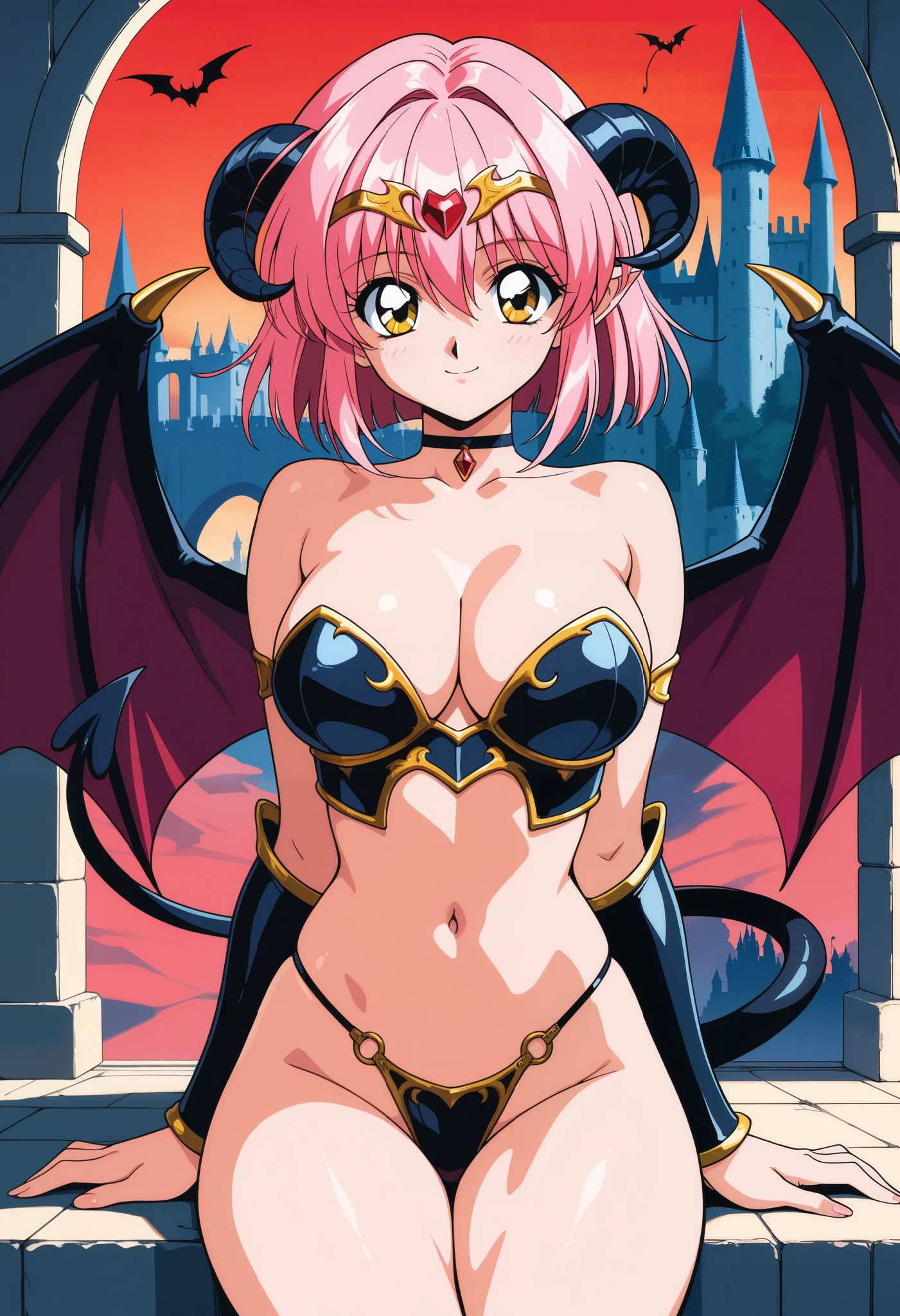 best quality, highres, ultra-detailed, Shamsiel_Shahari, 1girl, breasts, fang, mischievous,  demon_girl, downblouse, red_hair, golden_eyes, dynamic lighting, <lora:shamsielShahari_v2:0.7>, short hair, dark blue clothes, church,