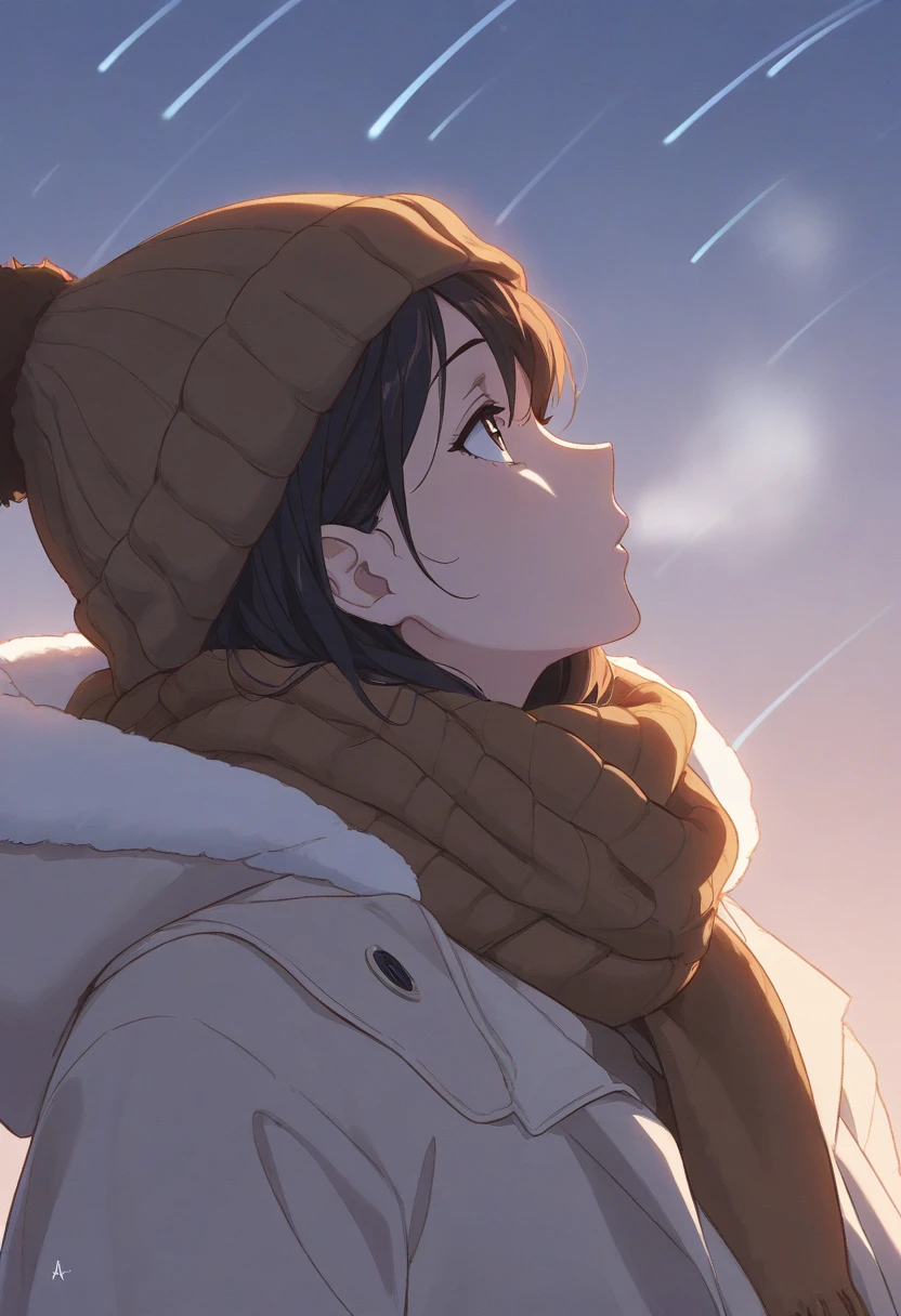 Animation, artwork, 8K quality, profile of a woman looking up at the Geminid meteor shower in winter, a profile of a beautiful woman, wearing warm winter clothes, a brown knitted hat with a hood over it, the woman's breath is white, a meteor shower in the winter night sky in the background, sophisticated design