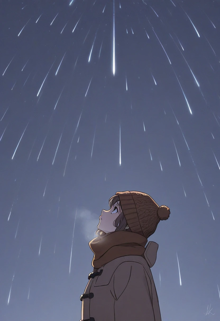 Animation, artwork, 8K quality, profile of a woman looking up at the Geminid meteor shower in winter, a profile of a beautiful woman, wearing warm winter clothes, a brown knitted hat with a hood over it, the woman's breath is white, a meteor shower in the winter night sky in the background, sophisticated design