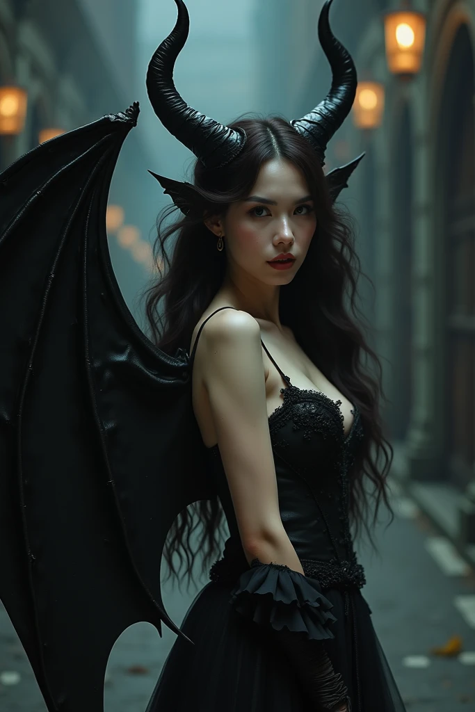 (medium full shot) of (tempting succubus with demonic horns, bat wings, demon tail) young woman, lithe build, short brown retro hair, persian, tan skin, light brown eyes, wearing a obsidian maxi dress with arcane patterns , gothic heels, dark plum lipstick smoky eyeshadow, enchanted amulet leather gloves, set in a spooky mansion, with creaking floors, ghostly lights, eerie portraits, and hidden passages, during a full moon, ,Masterpiece,best quality, photo, realistic, very aesthetic