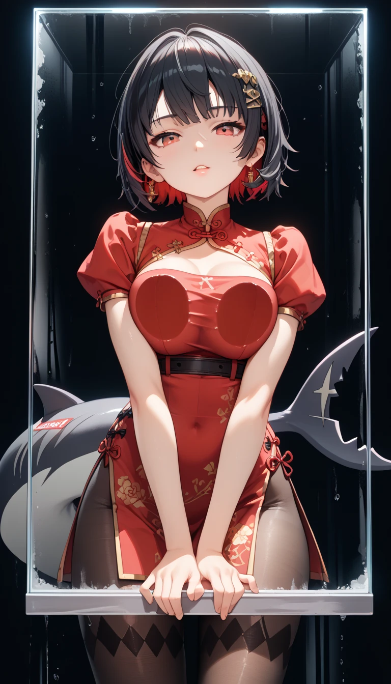 masterpiece， high resolution，Anime Art，Anime Numbers， 4k anime wallpaper，Soft Light， radiant skin， unique ，An anime girl，Crawling on glass， black hair， ombre short hair， red cheongsam， black pantyhose ， red eyes，Chest squeezed by glass， black shark tail， black background