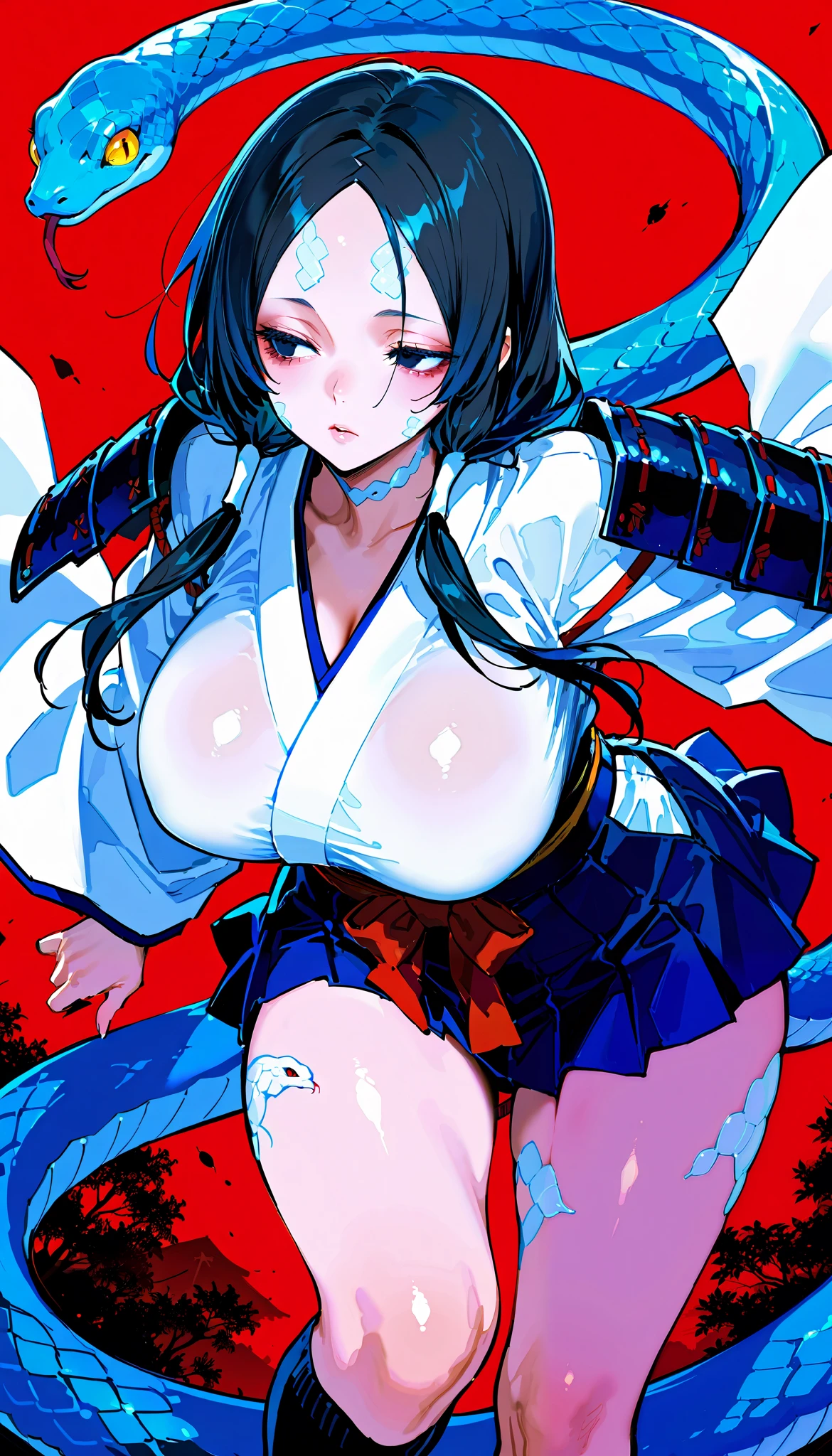 score_9, score_8_up, score_7_up,(High quality, High resolution),snake girl,princess,((narrow eyes)),((snake skin)),Black hair,low twin tale [[parted in the middle]], Forehead,(Japanese armor, Chest),White kimono, Black mini skirt, Knee socks, Big breasts, Dark eyes, Crooked eyes, (Curvaceous body),