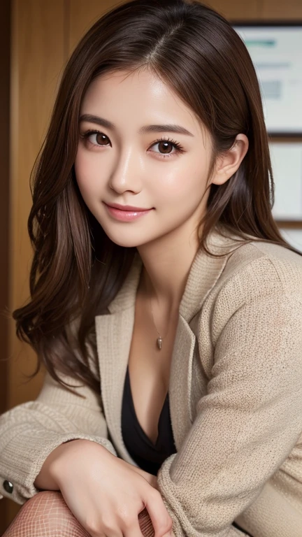 Highly detailed CG Unity 8k wallpaper, top quality, super detailed, masterpiece, realistic, photo realistic, (full body:1.2), very detailed cute girl, ((Sitting)), 25 years old, big breasts, wearing only oversize fluffy sweater, (forehead, long hair), soft lighting, wind, shiny skin, looking at viewer, smile, closed mouth,