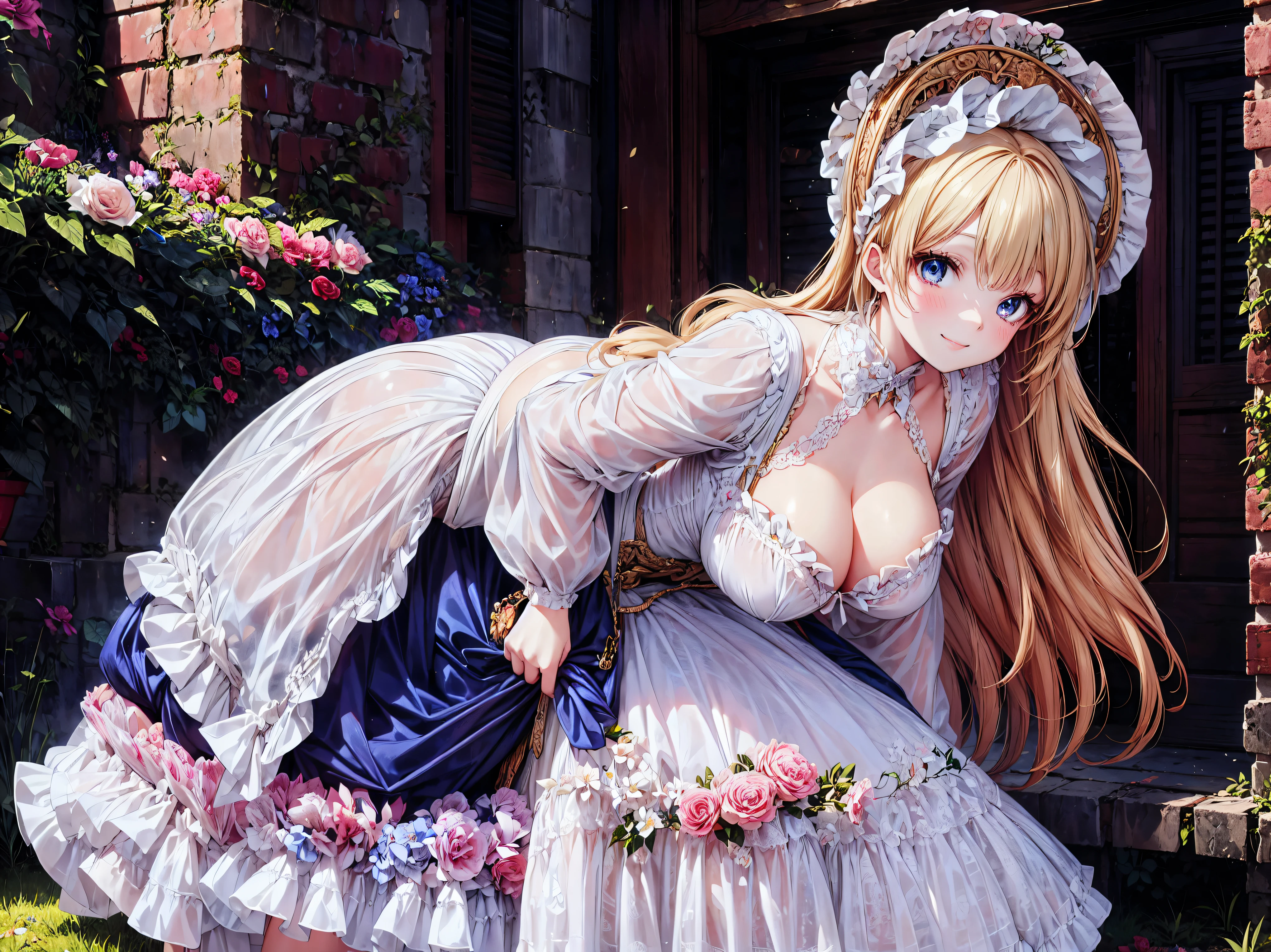  medieval Europe , Lady, Blonde, ((One person)),  Floral Crinoline Hoop Skirt, petticoat dress,  big breasts, hyper detailed beautiful eyes, bonnet, Fluffy, ((smile)), downblouse, loose t-shirt, leaning forward, 