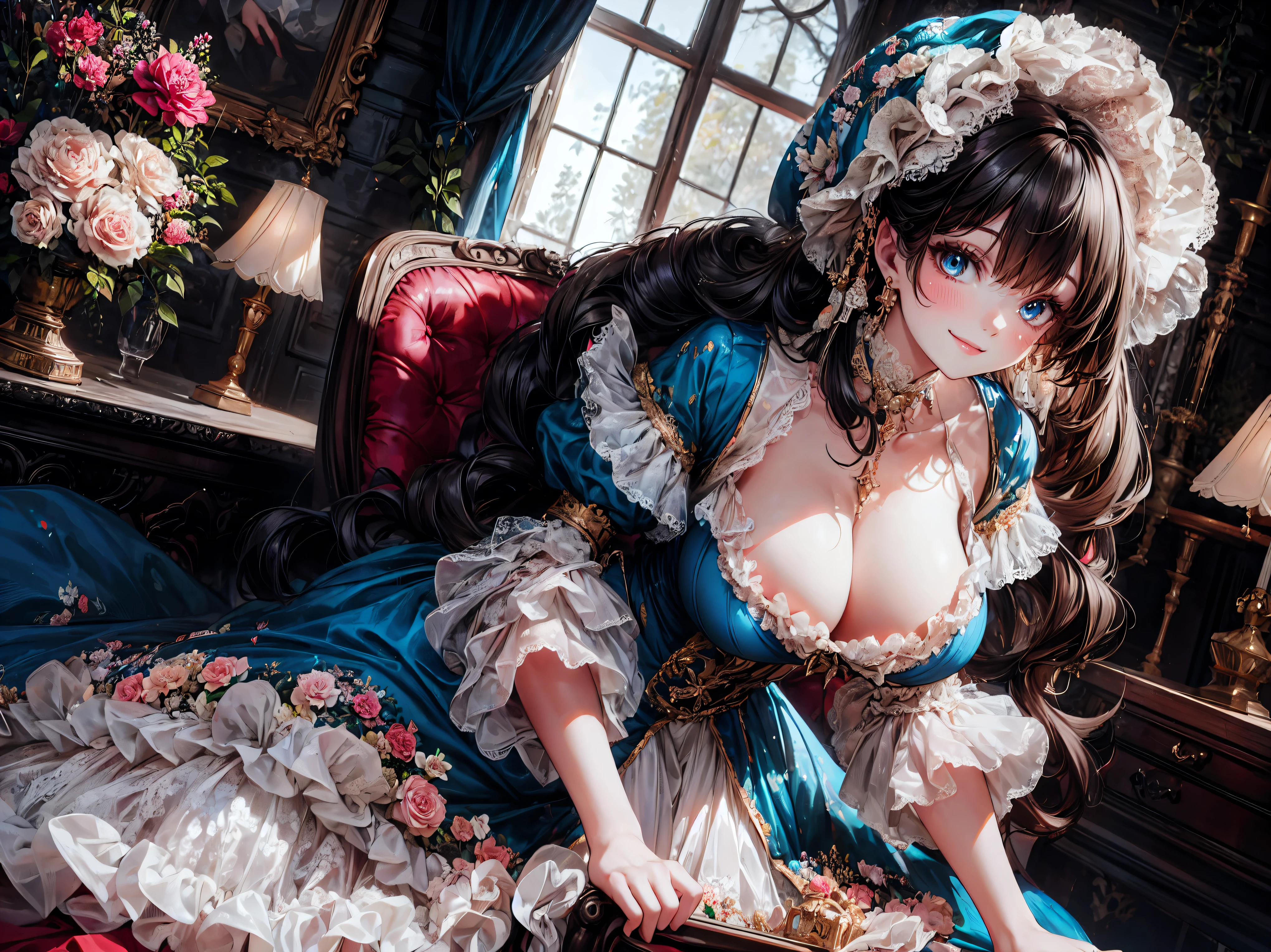  medieval Europe , Lady, ((One person)),  Floral Crinoline Hoop Skirt, petticoat dress,  big breasts, hyper detailed beautiful eyes, bonnet, Fluffy, ((smile)), downblouse, loose t-shirt, leaning forward,