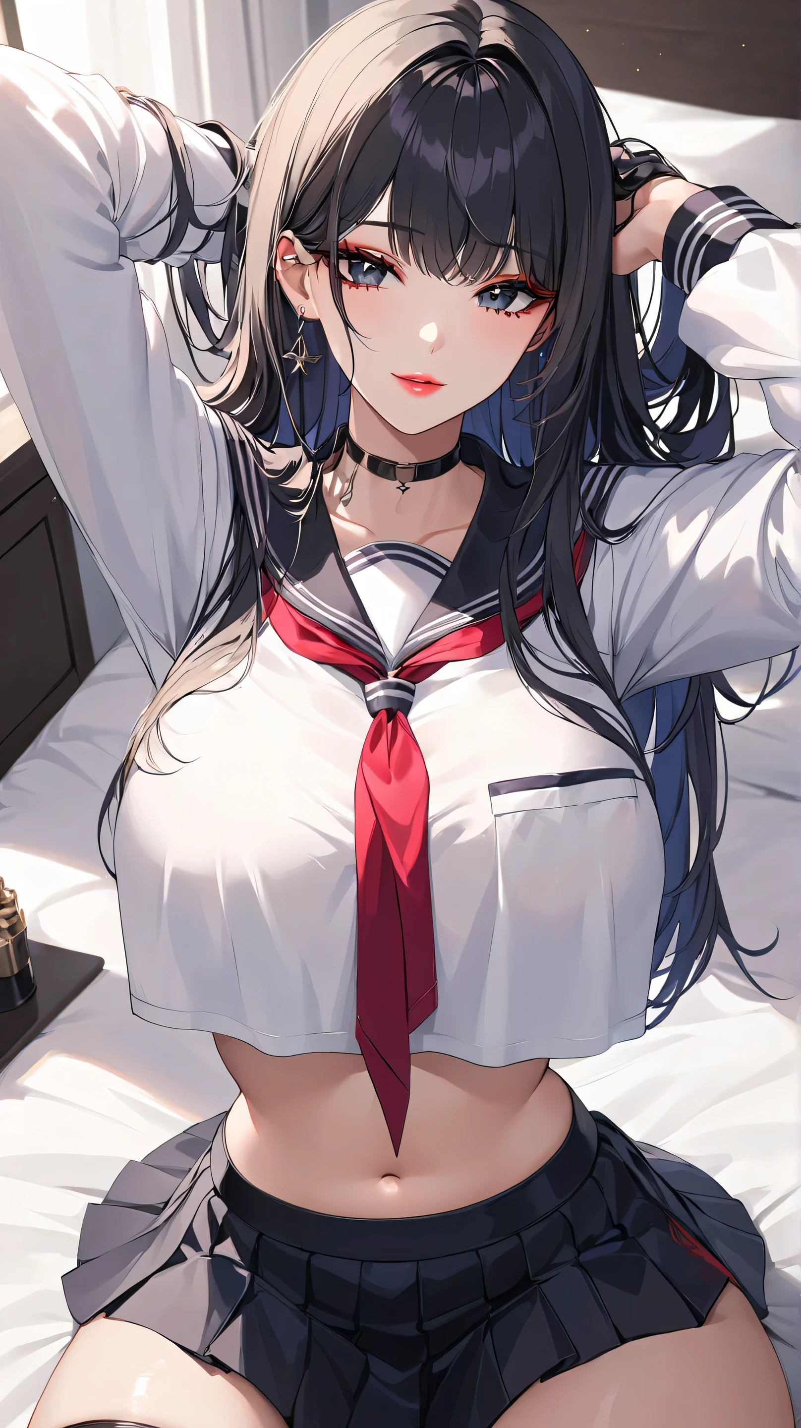 orgasm、NSFW、feeling pleasure、Sweat、white breath、High resolution、beautiful dark blue eyes、1 girl、long hair、(white sailor suit:1.5)、dark blue skirt、紺色のlingerie、big and full breasts、bed、cute anime illustration、perfect lighting、(A girl trembling at sexual climax:1.5),NSFW,NSFW、(vaginal sex:1.5),return,1 boy,penis,NSFW,perfect anatomy、perfect fingers、perfect arms、perfect legs、lingerie
