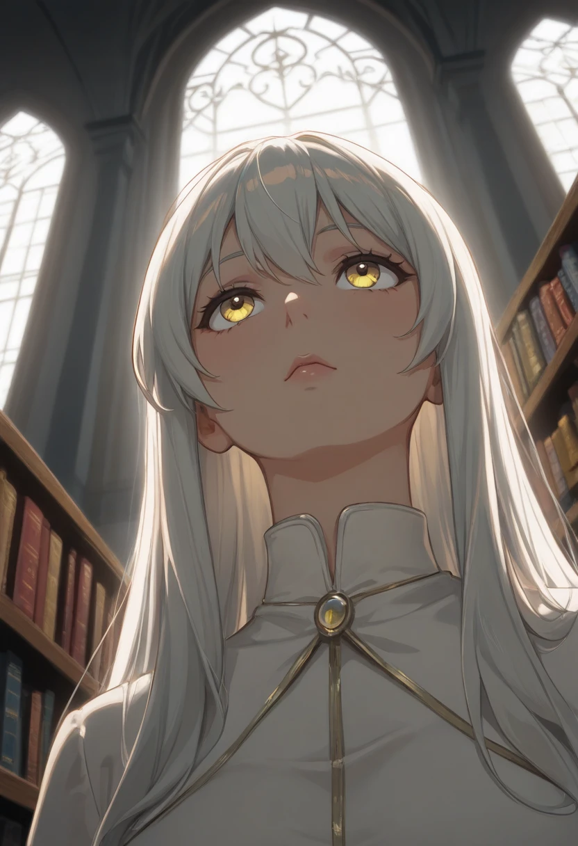 Anime, artwork, 8K quality, woman with long white hair, attractive yellow eyes, doing research in a library, quiet library, light coming in through the window, wooden furnishings creating a calming space, looking up at a woman's face from below, backlit, advanced lighting techniques, sophisticated design