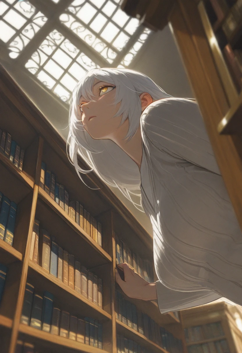 Anime, artwork, 8K quality, woman with long white hair, attractive yellow eyes, doing research in a library, quiet library, light coming in through the window, wooden furnishings creating a calming space, looking up at a woman's face from below, backlit, advanced lighting techniques, sophisticated design