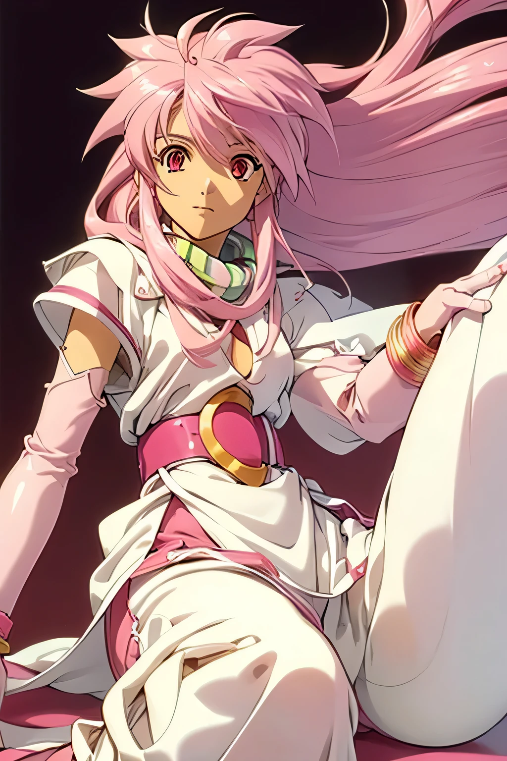 top quality , Highest Resolution ,(((shiny white clothes shiny pink loose pants shiny pink hair red eyes))) Tales of Phantasia Arche