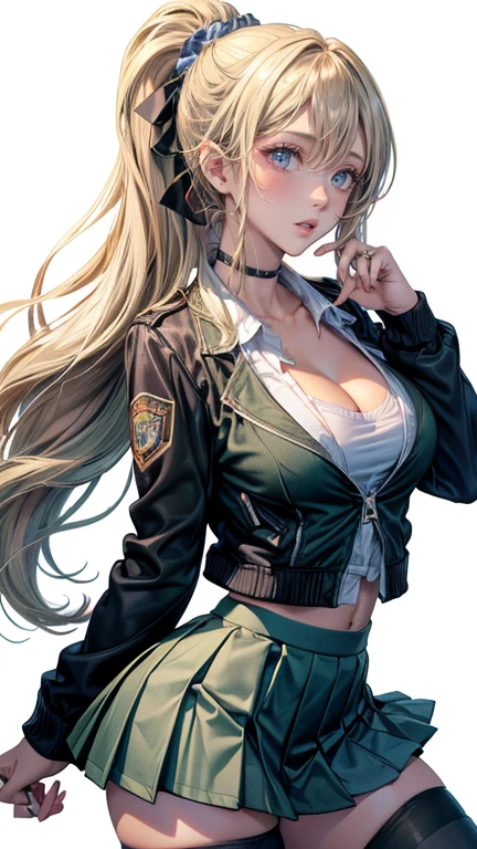 a tall female of curvaceous and well-endowed frame. She has olive skin, aqua green eyes, thick eyelashes, and short golden blonde hair; which she usually keeps messy with three braided locks. She wears a jacket with a high collar, which covers the lower part of her face downward, while baring a good portion of the lower half of her large breasts. The jacket has a zipper running along its entire length, which is opened from the bottom upwards. It has a beige air filter on either side just below the trim. The jacket's sleeves completely envelop her arms, terminating in black glove-like extensions at her extremities, resembling the appearance of a cat's paw.