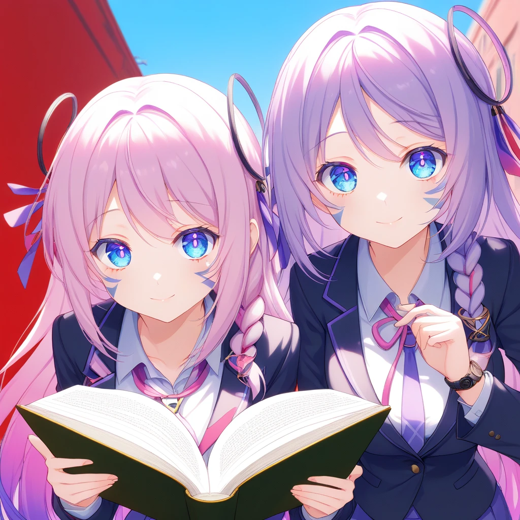 score_9, score_8_ up, score_7_ up,  anime source,  1 girl,  They are reading,  braided ,  blue eyes, pink p upils,  gradation hair ,  long hair, mark, highest image quality taken by Ki,Ultimate image quality ,Vibrant Background,Dazzling Light,Shining Aura, upper body, Happy smile,Pink hair with pink tips, red background ,  They are reading, purple hair, hair accessories,Facial markings, blazer, business suit, ribbon around her neck, normal breasts, pleated skirt ,Street lamp, Blue Sky, Street Corner,  Watch Viewers ,((( bends forward towards the viewer))), spread your arms
