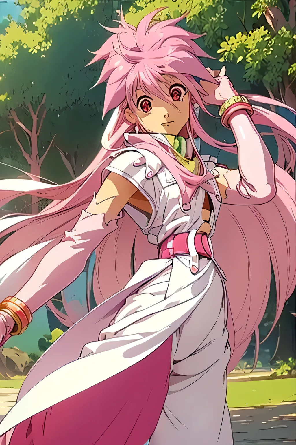 top quality , Highest Resolution ,(((shiny white clothes shiny pink loose pants shiny pink hair red eyes))) Tales of Phantasia Arche