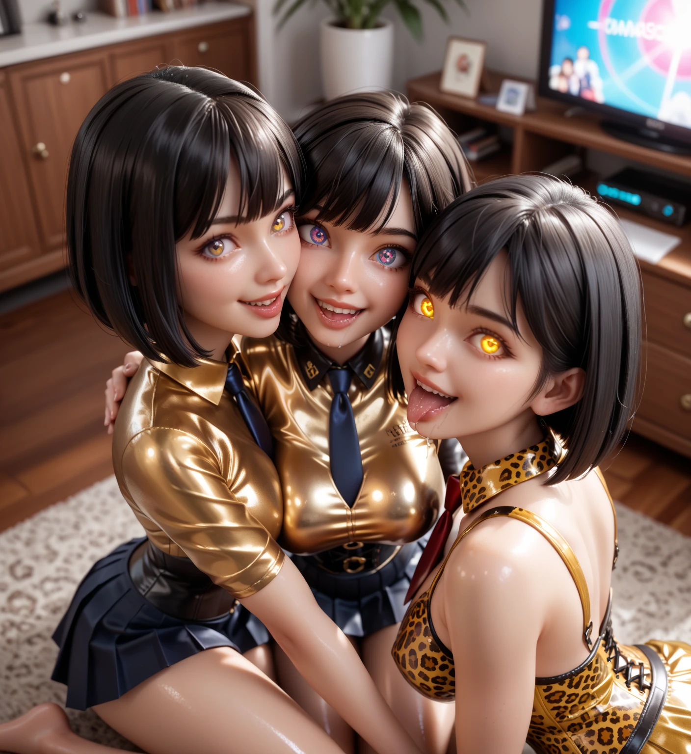 3 girls,  In extremely tight , shiny ,  golden latex polo shirt  , bob cut,   black hair , Lens reflection,   reflective light  ,   high resolution ,   masterpiece,   are in the apartment sitting at the television, startled,  Glowing eyes , smile, saliva, salivafluss, salivaspur, very strong s Make-up,  very strong ,  shiny skin , corset, necktie,  
 pleated skirt , Leopard print, kiss,   looks at the viewer , embrace, from above, 