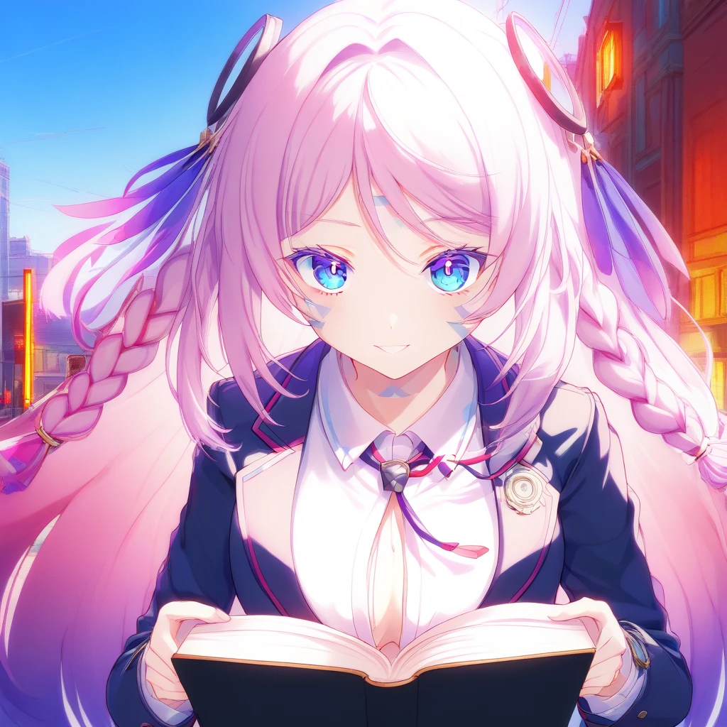 score_9, score_8_ up, score_7_ up,  anime source,  1 girl,  They are reading,  braided ,  blue eyes, pink p upils,  gradation hair ,  long hair, mark, highest image quality taken by Ki,Ultimate image quality ,Vibrant Background,Dazzling Light,Shining Aura, upper body, Happy smile,Pink hair with pink tips, red background ,  They are reading, purple hair, hair accessories,Facial markings, blazer, business suit, ribbon around her neck, normal breasts, pleated skirt ,Street lamp, Blue Sky, Street Corner,  Watch Viewers ,((( bends forward towards the viewer))), spread your arms
