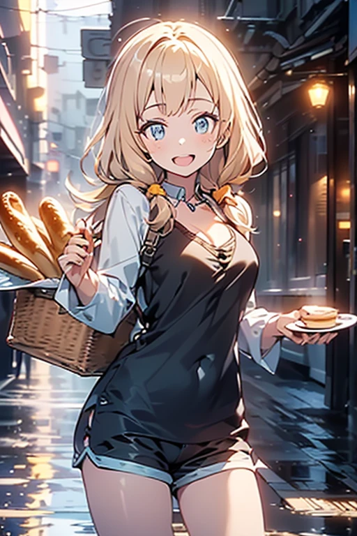 (perky chest:1.2), (pointed chest:1.2),(((Black Tunic:1.3))),(((cakes and bread in the basket),Cute and beautiful, 1girl, long hair, cleavage, blonde hair, looking at viewer, chopsticks, shorts, shirt, solo, have a coffee, rabbit stuffed toy, bright lighting, light pink andblue eyes, beautiful composition, cinematic lighting, extremely detailed, 8k, cinematic postprocessing, Maximum Facial Detail, Maximum Detailed Texture, Maximum Detailed Shadow, Maximum Detailed Background,bioluminescence,character focus, depth of field, glowing particles, glowing, reflection, blue theme, red theme, green theme, orange theme, yellow theme,highly detailed, ultra-sharp, 8K resolution,tokiame, (with sparkling eyes and a contagious smile),open mouth, Looking at Viewer, 
