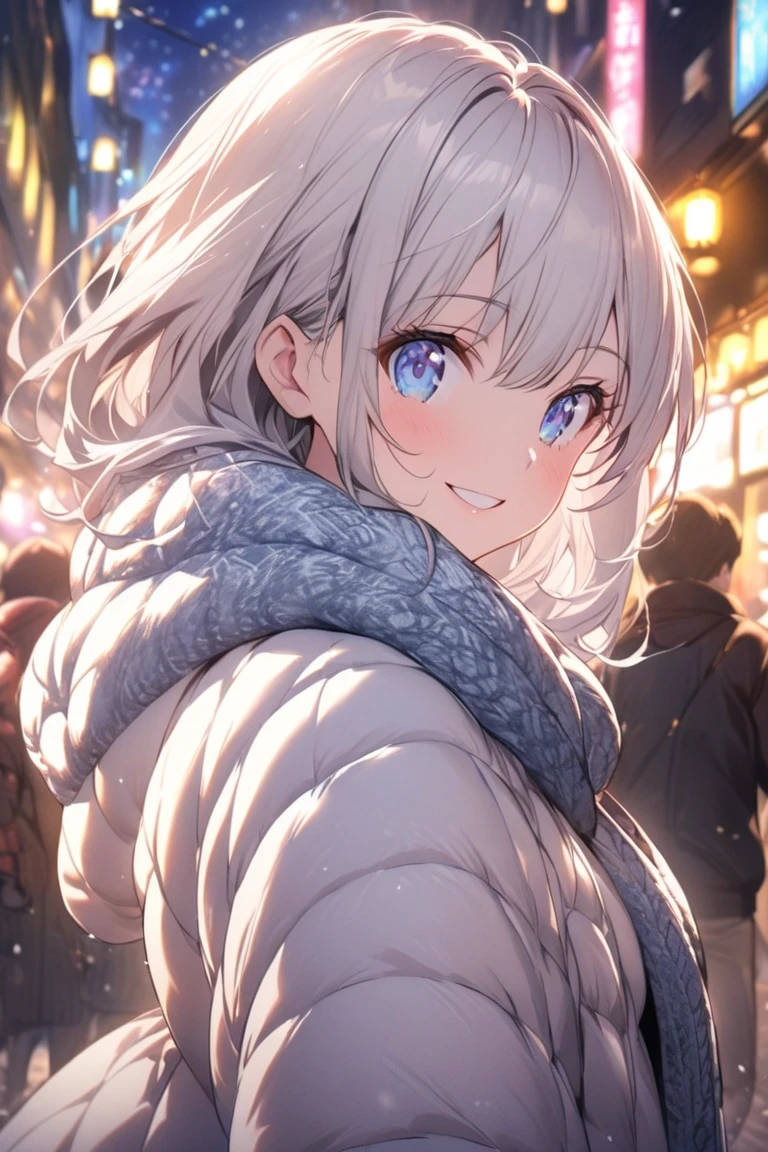 A beautiful anime girl with short, shoulder-length silver hair and sparkling blue eyes. She is wearing a cozy white down jacket paired with stylish skinny jeans. The setting is a vibrant winter night in a bustling city, with dazzling illuminations lighting up the background. The streets are full of people enjoying the season. She is looking directly at the camera with a warm, cheerful smile, her cheeks slightly flushed from the cold. Despite the chill, she seems to be enjoying the moment, conveying a sense of joy and charm as if on a wonderful winter date.