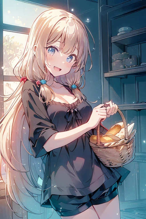 (perky chest:1.2), (pointed chest:1.2),(((Black Tunic:1.3))),(((cakes and bread in the basket),Cute and beautiful, 1girl, long hair, cleavage, blonde hair, looking at viewer, chopsticks, shorts, shirt, solo, have a coffee, rabbit stuffed toy, bright lighting, light pink andblue eyes, beautiful composition, cinematic lighting, extremely detailed, 8k, cinematic postprocessing, Maximum Facial Detail, Maximum Detailed Texture, Maximum Detailed Shadow, Maximum Detailed Background,bioluminescence,character focus, depth of field, glowing particles, glowing, reflection, blue theme, red theme, green theme, orange theme, yellow theme,highly detailed, ultra-sharp, 8K resolution,tokiame, (with sparkling eyes and a contagious smile),open mouth, Looking at Viewer, 
