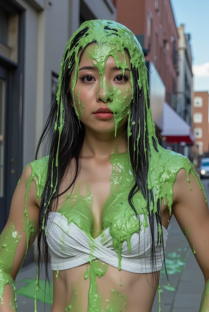 DSLR photograph. Beautiful Asian girl covered in green slime. 18 year old. Korean girl. Photorealistic. Nasty slime. Raw photo. New York City. Green Slime. Wearing white lace push-up bra. Black hair. (Asian: 1.1). Beautiful Asian face. Black eyeliner. Long eyelashes. Dripping green goo. Wet.