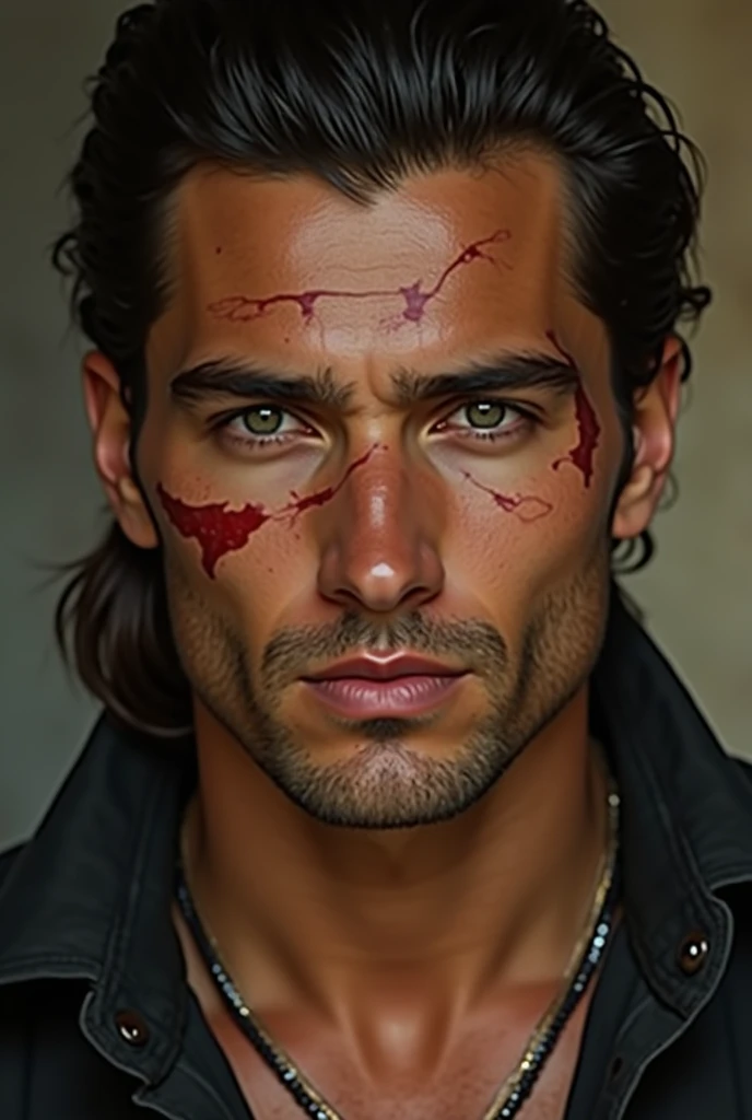 Handsome hispanic man, long brown hair in a bun, scar in eye, jetstream sam, portrait, stubble.