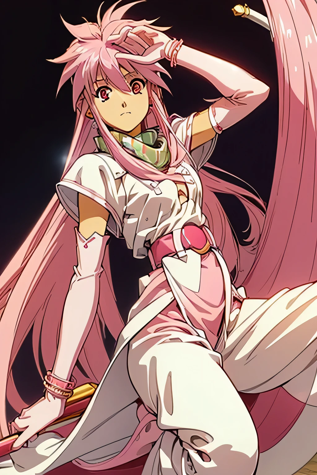 top quality , Highest Resolution ,(((shiny white clothes shiny pink loose pants shiny pink hair red eyes))) Tales of Phantasia Arche