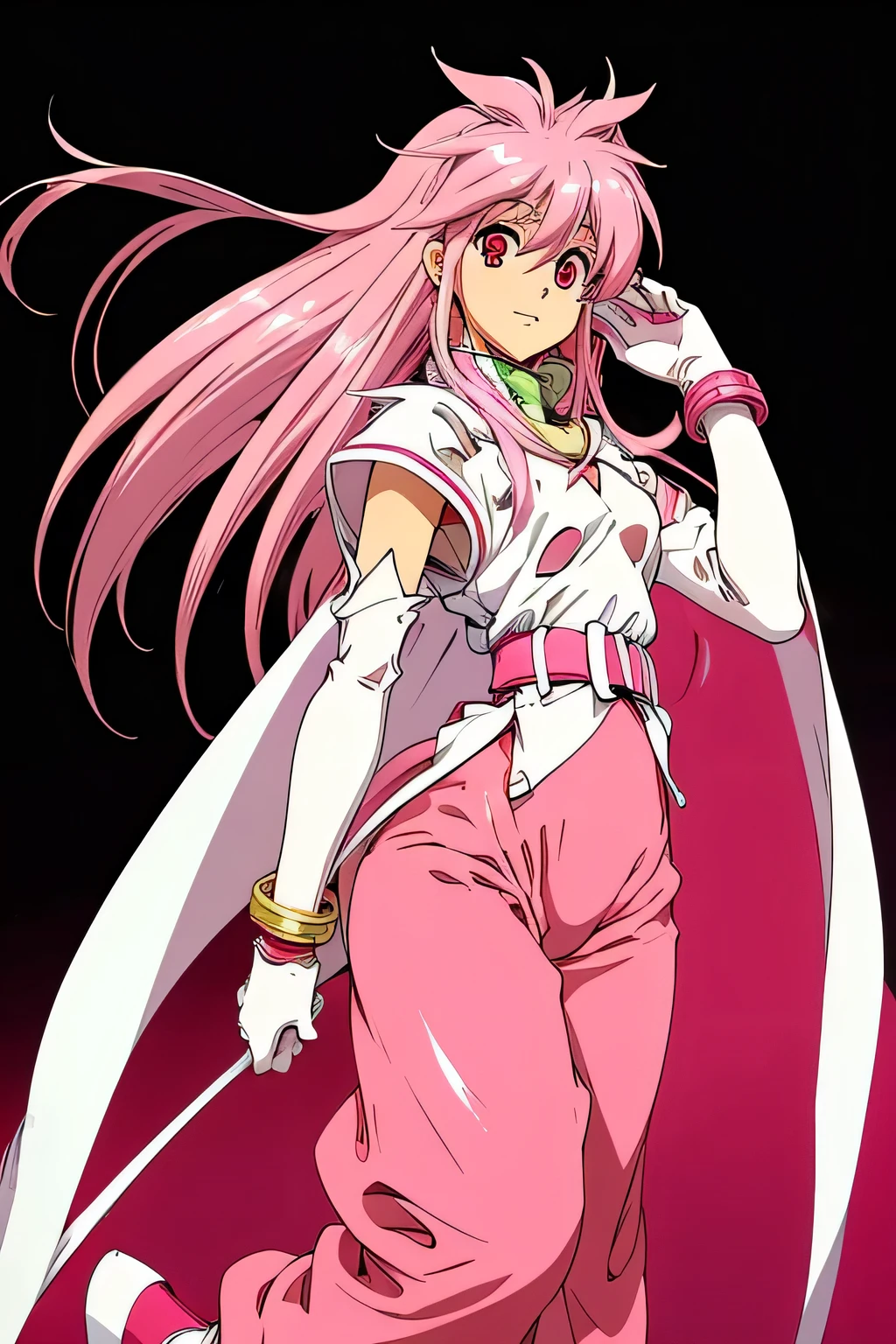 top quality , Highest Resolution ,(((shiny white clothes shiny pink loose pants shiny pink hair red eyes))) Tales of Phantasia Arche