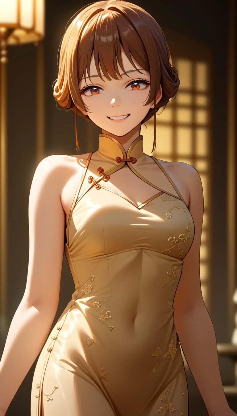 beautiful anime girl, detailed portrait, masterpiece, ultra-detailed, 8k, 16k, high resolution, photorealistic, vivid colors, warm lighting, soft smile, elegant (((((chinese dress,))))) short bob hairstyle