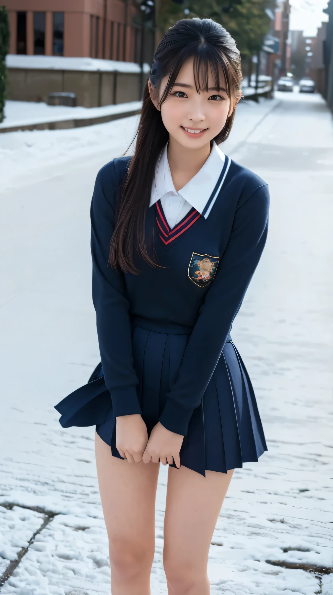 ( top quality , 8k, 32K, masterpiece, Super high resolution:1.2), beautiful Japanese woman photo ,( lonely smile ,:1.1), Watch Viewers ,(Beautifully detailed long sleeve school uniform、navy blue school uniform skirt:1.2),Detailed legs,( crosses legs:0.9),( lace panties:0.9),(Wind lift:1.6), full body,In the Wind ,city,Outdoor、snow、 muffler 、 illumination、 cowboy shot