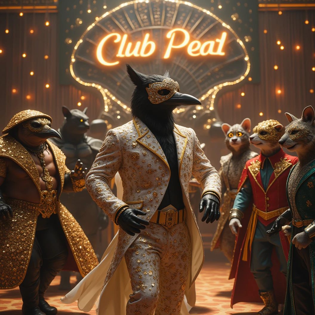 Muscular, black feathered, anthropomorphic crow donned in a white & gold suit covered in diamonds. Wearing an intricate diamond masquerade mask. Suit jacket is unbuttoned as he dances. Dynamic dancing pose. The dance floor has a Turtle donned in black and gold diamond suit and masquerade mask, 1 black furred Wolf dressed in a shining golden suit covered in diamonds, 1 Tiger dressed in an intricate red and golden suit with diamond trim, 1 Great Dane jedi donned in glittering diamond jedi clothes and masquerade mask, Neptune God of the Seas dressed in a diamond emerald toga, 1 Hedgehog dressed in masquerade, Batman donned in a sparkling gray suit with diamond and masquerade mask, 2 cats, all dressed in fancy masquerade suits. Masquerade masks. Dynamic posing, Dynamic Dancing. A gorgeous clam shaped sign that reads "Club Pearl". High Resolution, Masterpiece, Cinematic, Cinematography, Hyperdetailed, Hyperrealism, dynamic dancing. The phrase "Happy New Year MAB!!!" In bright shining diamond letters