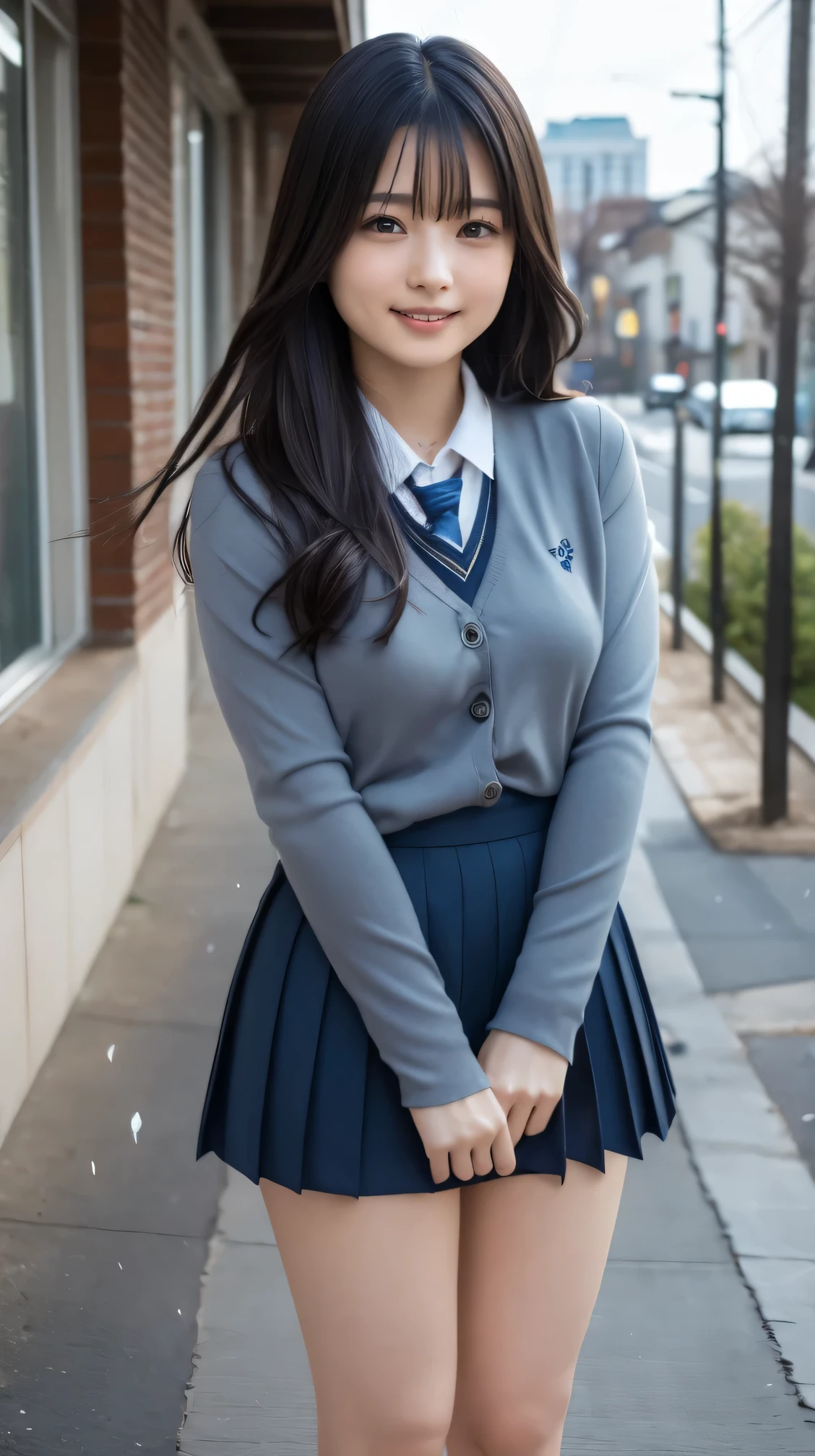 ( top quality , 8k, 32K, masterpiece, Super high resolution:1.2), beautiful Japanese woman photo ,( lonely smile ,:1.1), Watch Viewers ,(Beautifully detailed long sleeve school uniform、navy blue school uniform skirt:1.2),Detailed legs,( crosses legs:0.9),(White lace panties:0.9),(Wind lift:1.6), full body,In the Wind ,city,Outdoor、snow、 muffler 、 illumination、 cowboy shot