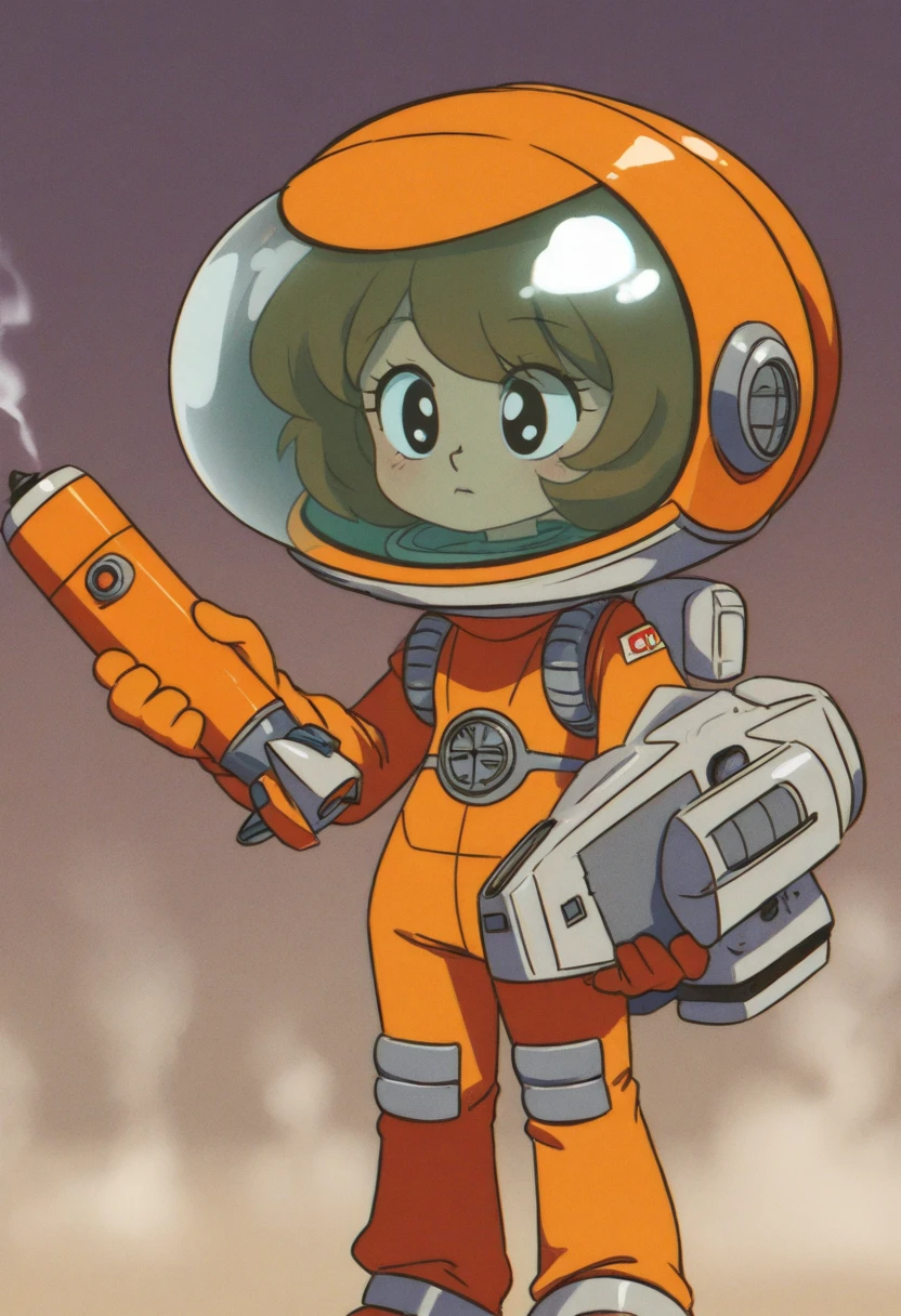 Animation, artwork, 8K quality, girl in a spacesuit with a retro sci-fi touch boarding a rocket, orange spacesuit, cute face visible through the helmet, steam coming out of the side of the orange rocket, a scene before the rocket launch, sophisticated design