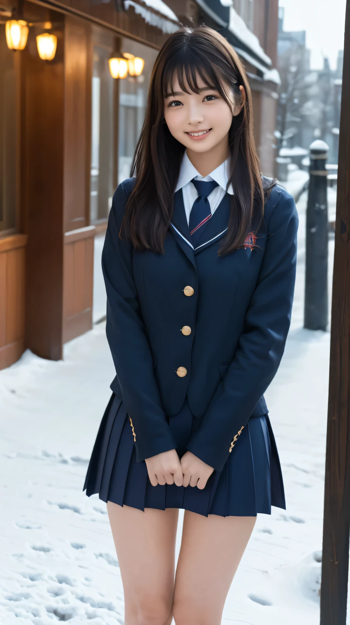 ( top quality , 8k, 32K, masterpiece, Super high resolution:1.2), beautiful Japanese woman photo ,( lonely smile ,:1.1), Watch Viewers ,(Beautifully detailed long sleeve school uniform、navy blue school uniform skirt:1.2),Detailed legs,( crosses legs:0.9),( lace panties:0.9),(Wind lift:1.6), full body,In the Wind ,city,Outdoor、snow、 muffler 、 illumination、 cowboy shot