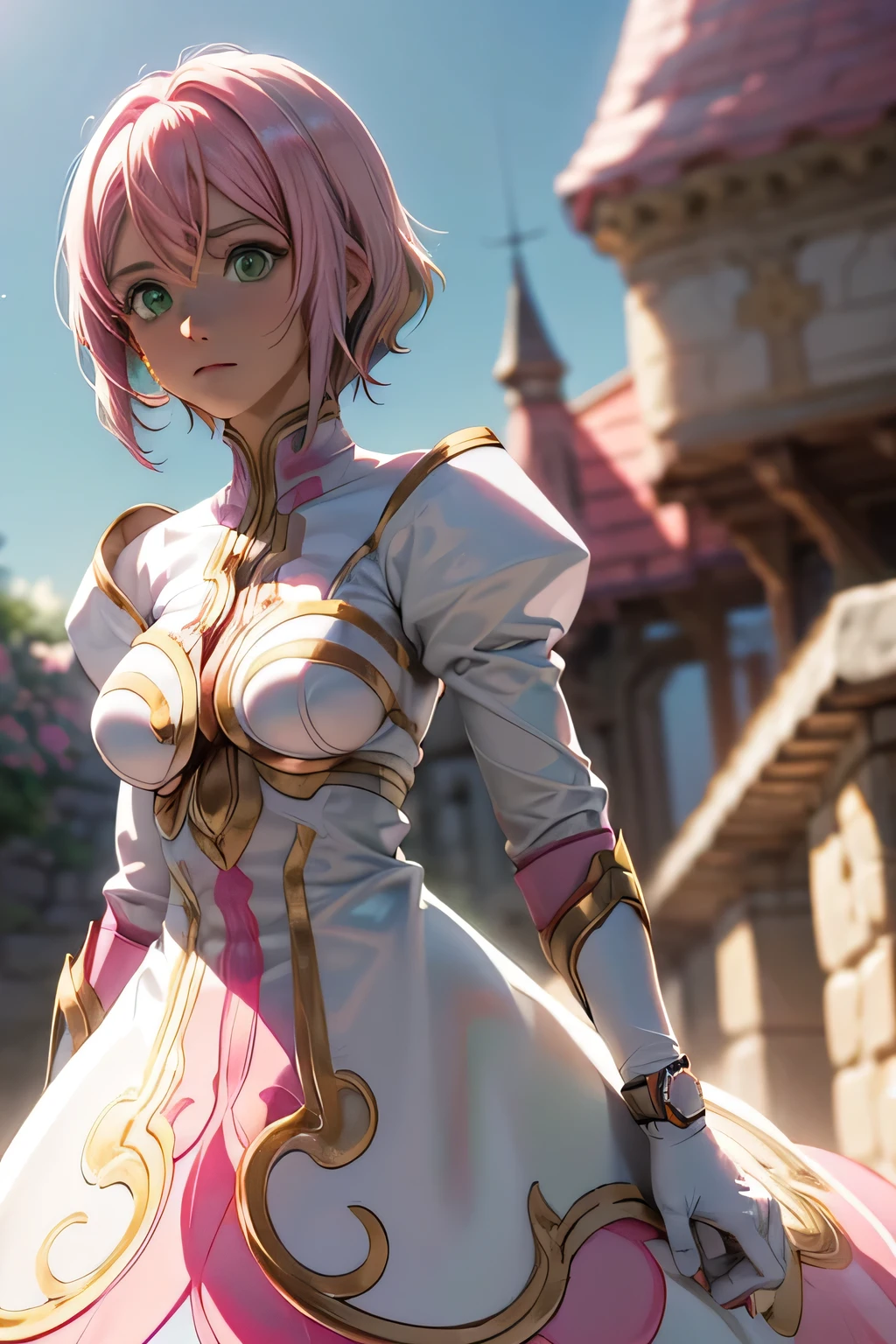  Perfect Anatomy　 top quality , Highest Resolution ,(((White shiny dress　 green eyes　 pink hair　small breasts)))　Estellise　[blurry]　16k　Castle