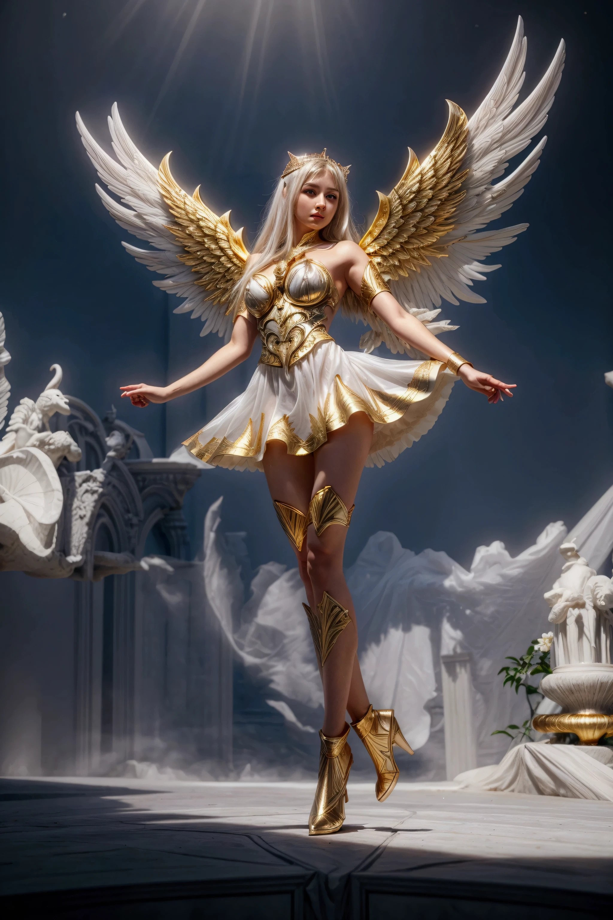 3D female character with long hair, white hair, pink skin color with black eyes, on the head there is a floating golden halo and above the shoulders there are golden ornaments floating, with thick, shapely legs, on his back he has white angelic wings, white clothes.
