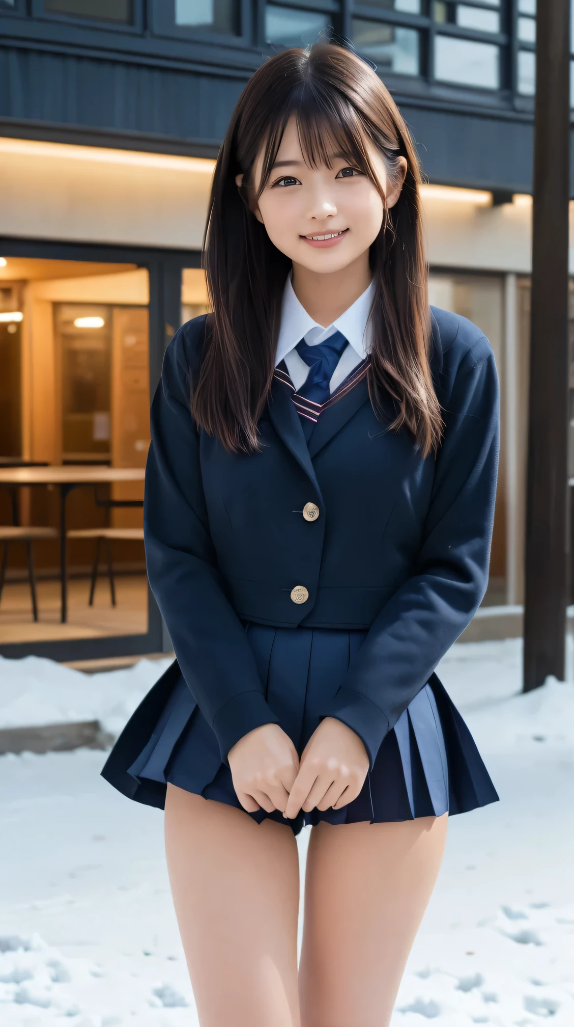 ( top quality , 8k, 32K, masterpiece, Super high resolution:1.2), beautiful Japanese woman photo ,( lonely smile ,:1.1), Watch Viewers ,(Beautifully detailed long sleeve school uniform、navy blue school uniform skirt:1.2),Detailed legs,( crosses legs:0.9),( lace panties:0.9),(Wind lift:1.6),  full body,In the Wind ,city,Outdoor、snow、 muffler 、 illumination、 cowboy shot 