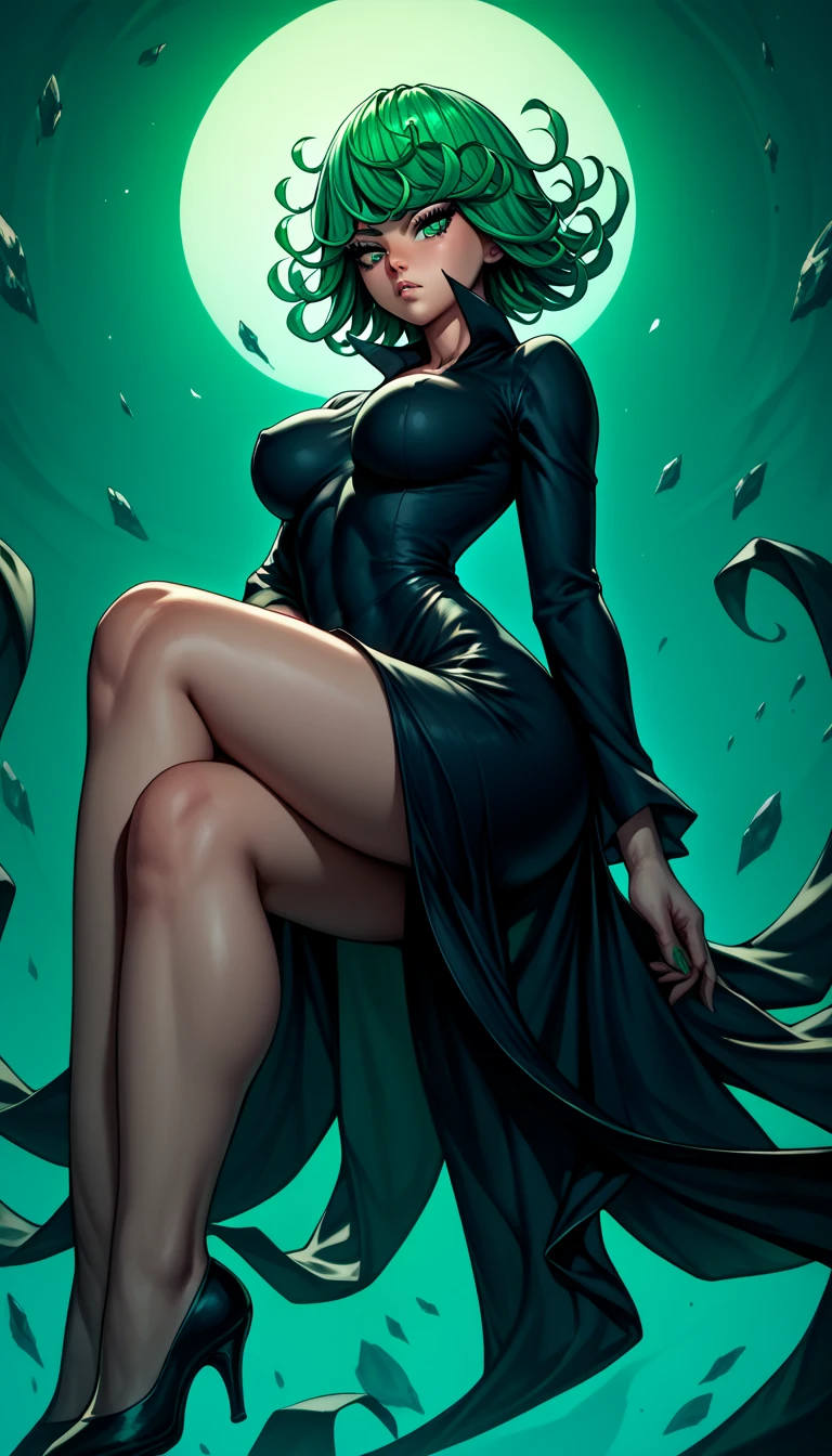 , tatsumaki, green hair, green eyes, short hair, black dress, nephros heels, black dress, big tits, huge tits, big boobs, big breasts, ,, from below, sitting