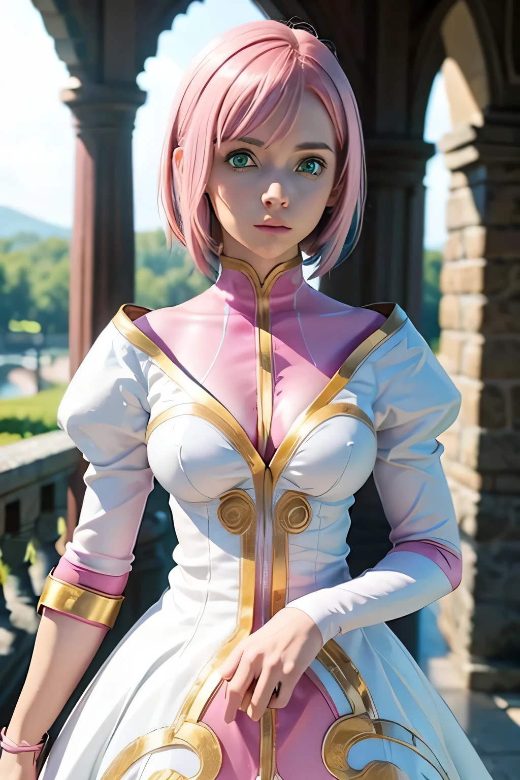  Perfect Anatomy　 top quality , Highest Resolution ,(((White shiny dress　 green eyes　 pink hair　small breasts)))　Estellise　[blurry]　16k　Castle