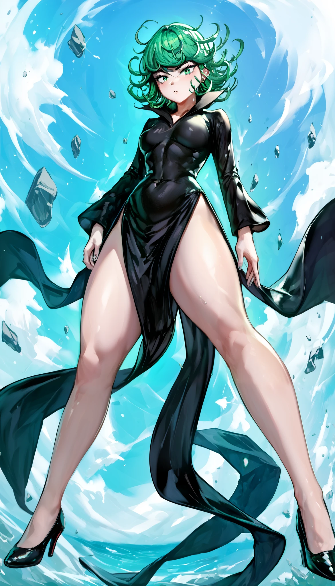 , tatsumaki, green hair, green eyes, short hair, black dress, nephros heels, black dress, big tits, huge tits, big boobs, big breasts, ,, 